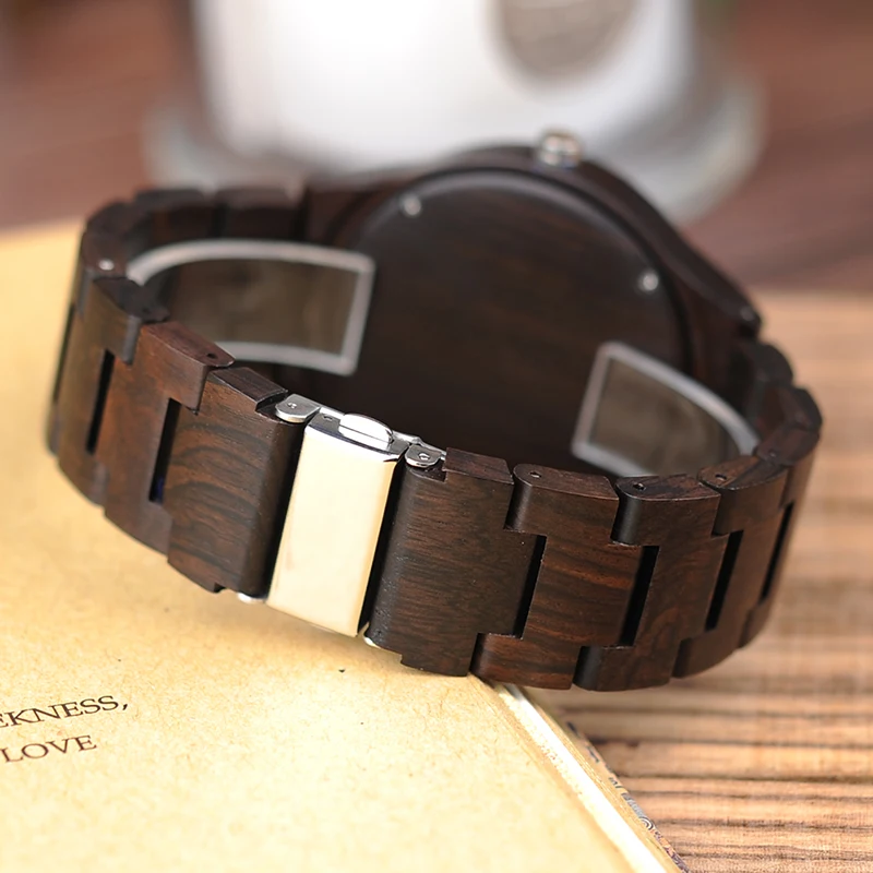 BOBO BIRD Mens Black Ebony Wooden Watch Deer Head Dial Top Brand Luxury Quartz Wrist Watch for Men in Gift Box