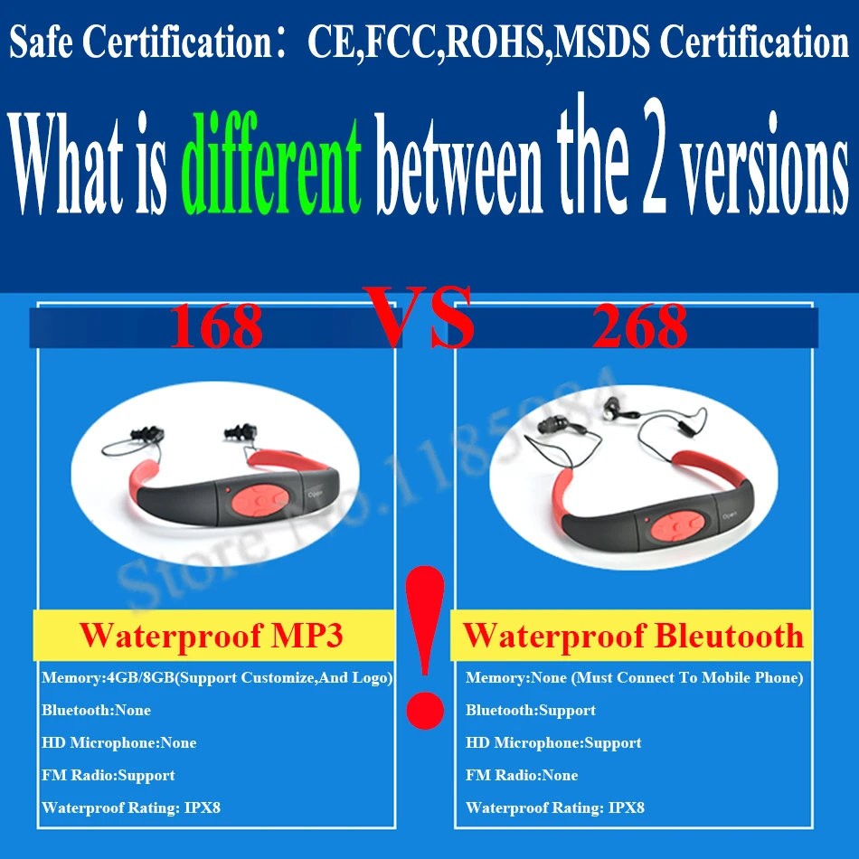 (268 IPX8 للماء بلوتوث 4.0. 168 4 GB 8 GB للماء MP3 لاعب FM راديو) السباحة الغوص تحت الماء الرياضة السباحة سماعة