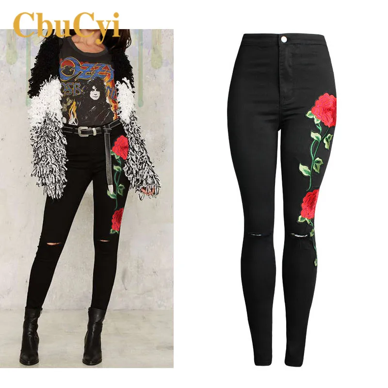 

2017 Designer Women Cloth Black Jeans 3D Floral Embroidery Slim Pencil Pants Pure Cotton Knee Hole Female Denim Jeans Trousers