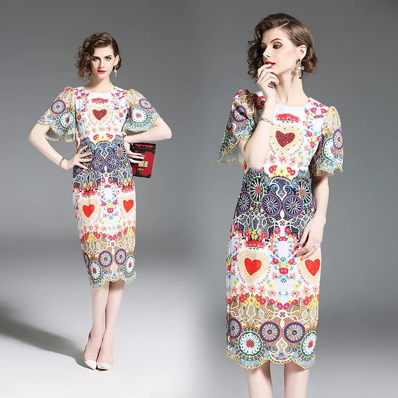 

2019 New Summer Runway Women Luxury Crystal Diamonds Floral Dress Print Retro Vintage Bodycon Pencil Party Dresses Vestidos robe