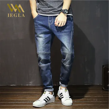 

Jeans Men Ripped Distressed Straight Loose Jean Bleached Denim Blue Pants Scratch Long Trousers Harem Jean Homme Hiphop Pantalon