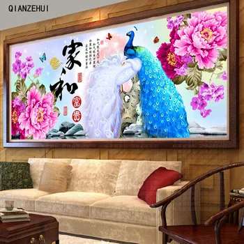 

QIANZEHUI Needlework,DIY Peacock peony blossoming Cross stitch,Sets For Embroidery kit print Full embroidery Cross-Stitching