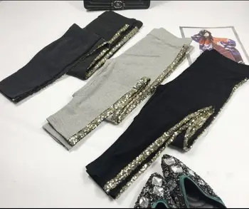 Spring Summer Pencil Pants Women Fashion Sequins Side Striped Cotton Pants Girls Ladies New Autumn Grey Stretch Trousers Femme jumping meters new striped girls legging pants 2018 fashion cotton trousers girls clothing children autumn kids pencil pants