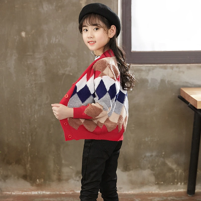

Girls Cardigan Baby Kids Sweaters For Grils Of 3 To 14 Years Old Teenagers Knitted Coats Autumn Winter Children Clothes Lattice