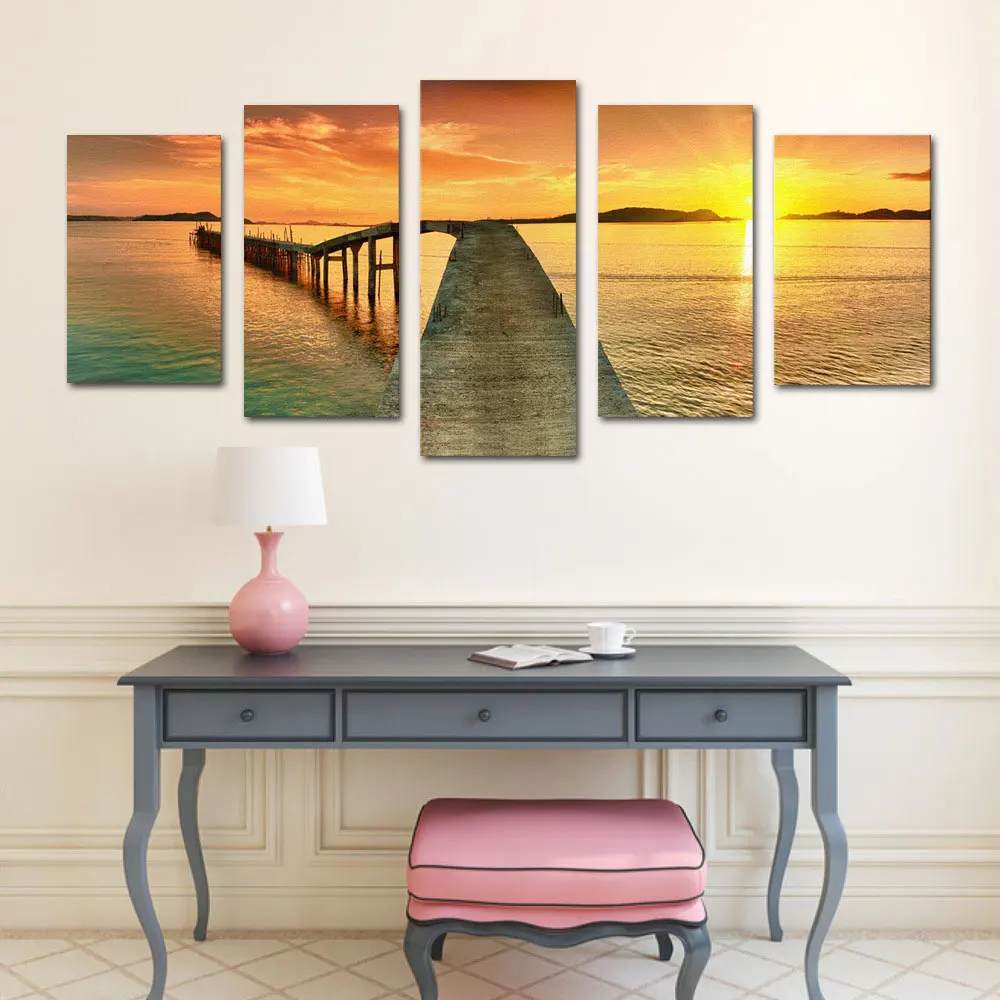 Sunset Pier Canvas Art Prints Wall Artwork 5 panels Modern Painting