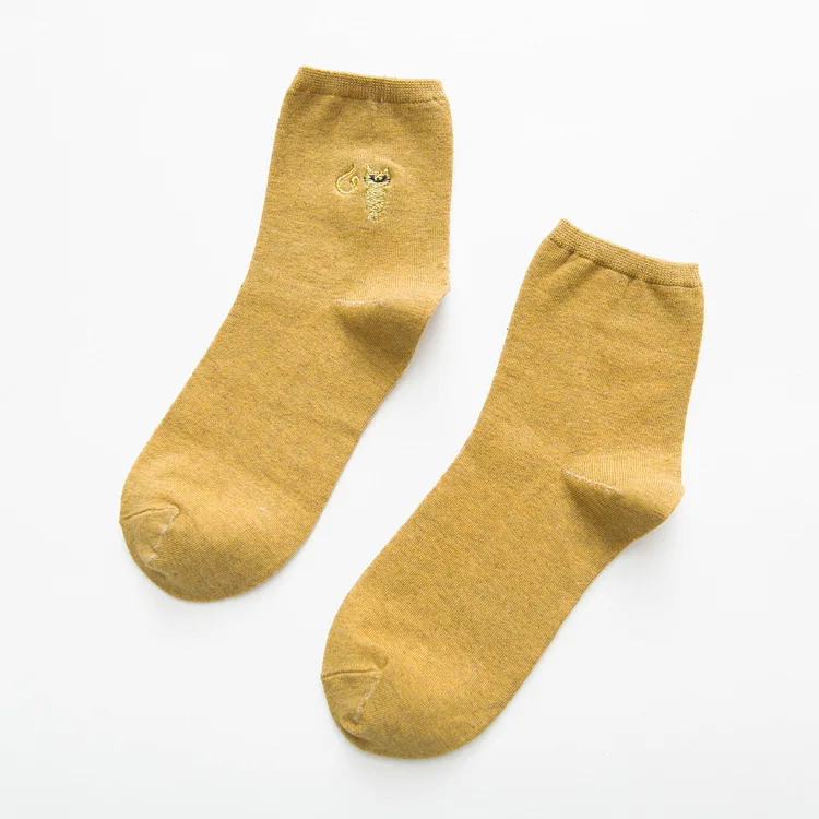 PEONFLY/Новинка; Милые шелковые носки с вышивкой в виде котенка; Модные Женские однотонные хлопковые носки с вентиляцией; сезон осень - Цвет: yellow