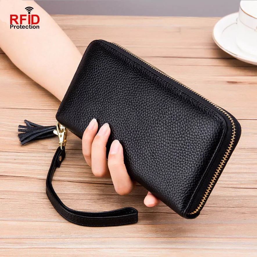 

Leather Wallet women Genuine lether Long purse women Zipper RFID Protection Coin purs Black Red Hot pink Violet Blue Light brown
