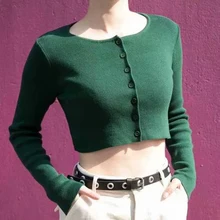 Женский вязаный однотонный однобортный Кардиган с круглым вырезом и длинным рукавом во французском стиле, весенние женские короткие кардиганы с открытой строчкой