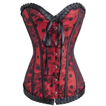 

Latex Women Burlesque Red Satin Lace Polka Dot Corset Top Metal Buckle Lace Up Gothic Bustiers & Corsets Overbust Corpete Basque