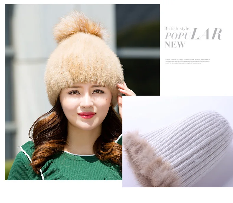 Winter hats Real Mink Fur Fat For Women Knitted Natual fur Beanies Female Thick Warm With Hat Fox Fur Pompom RC1349 (6)