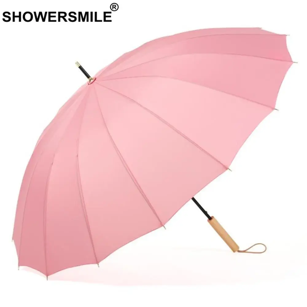 

SHOWERSMILE Long Handle Umbrella Rain Women Pink Wooden Handle Guarda Chuva Female Sunny and Rainy Umbrella Windproof Parasol