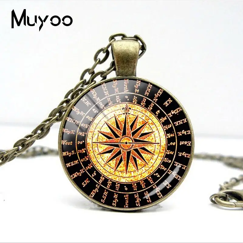 

Vintage Old Compass Rose Steampunk Style Glass Cabochon Pendant Necklaces Bronze Color Compass Jewelry Nacklace Gifts