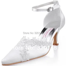 Для женщин обувь Свадебные A1049 белого цвета и цвета слоновой кости, острый носок аппликации Ремешок на щиколотке туфли на высоком каблуке из сатина женские Выходные туфли на выпускной праздничное платье женские туфли-лодочки