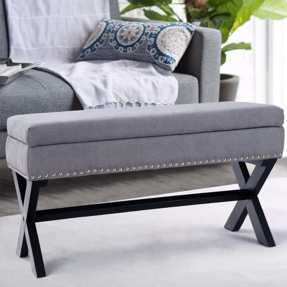 Giantex Storage Bench Ottoman Fabric X Solid Wood Legs Brass Bedroom Entryway Living Room Furniture HW57459 Giantex Storage Bench Ottoman Fabric X Solid Wood Legs Brass Bedroom Entryway Living Room Furniture HW57459