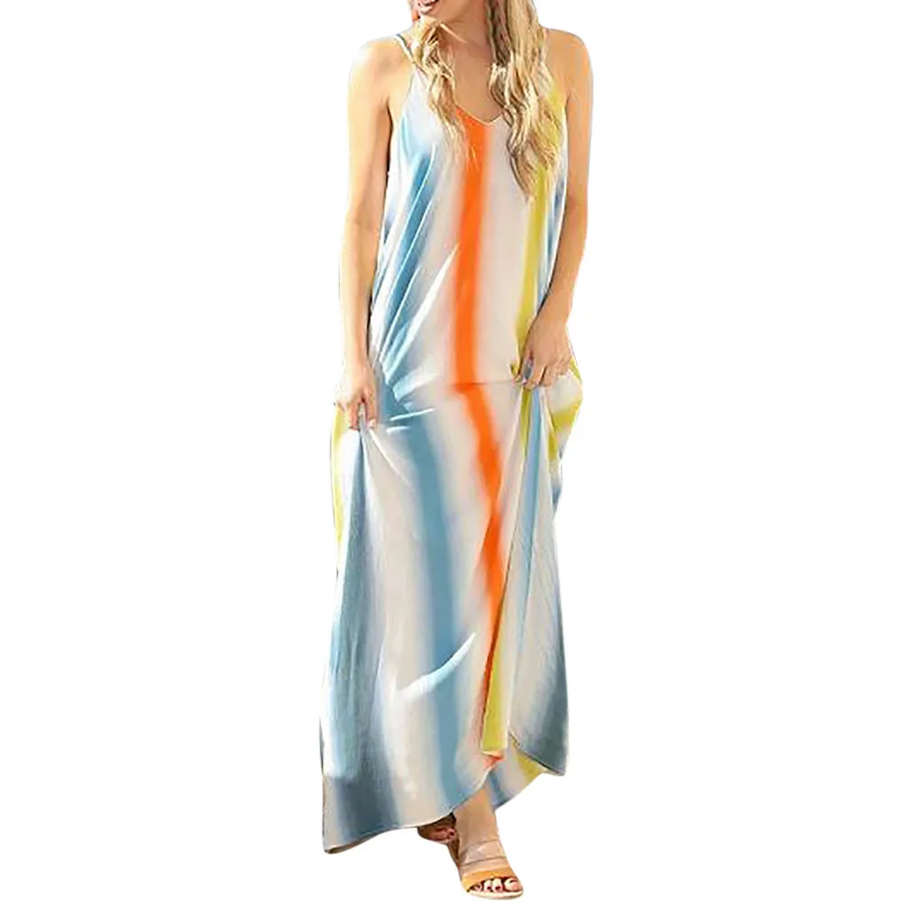 

Feitong 2019 Dress Women Vestidos Verano Women's Summer Ladies Striped Sling Gradient Beach Maxi Dress