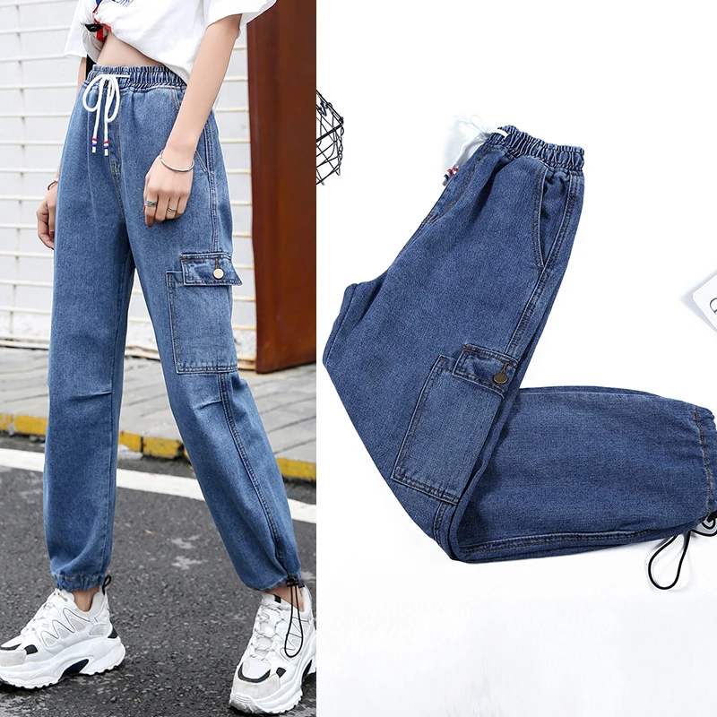 Street Harem Jeans Women Pocket Boyfriends Jeans Loose Denim Pants Mom Jeans 2019 Vintage Elastic Waist Jeans Plus Size Chic