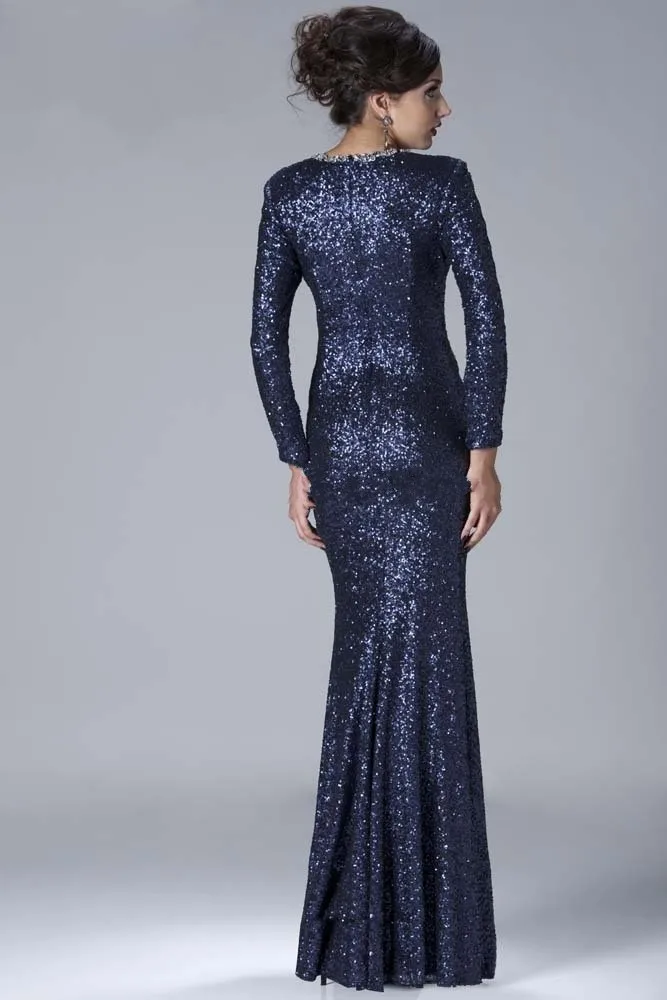 XPLE Mermaid High Collar Long Sleeves Navy Blue Sparkle Sequins Elegant Long Evening Dresses XPLE Mermaid High Collar Long Sleeves Navy Blue Sparkle Sequins Elegant Long Evening Dresses