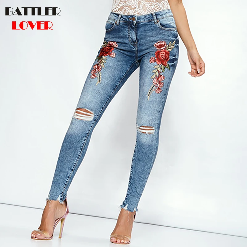 Embroidery Boyfriend Jeans Woman Hole Jeans Pant Women Trousers Ladies Stretch Skinny Jeans Female Elastic Ripped Pencil Pants