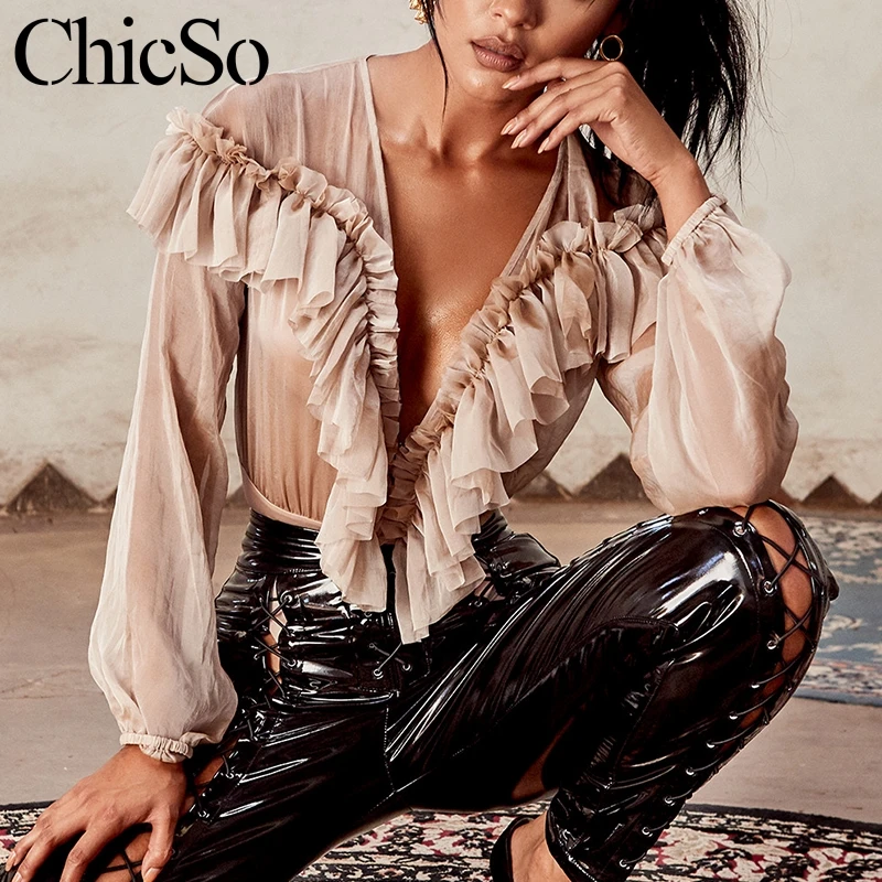 MissyChilli Ruffle chiffon women bodysuit Sexy deep v neck long sleeve bodysuit top Autumn vintage party transparent bodysuit