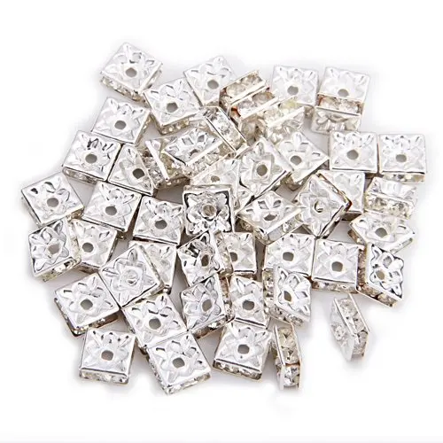 

50PCS Silver-plated Crystal Rhinestone Rondelles Square Spacer Beads 8mm