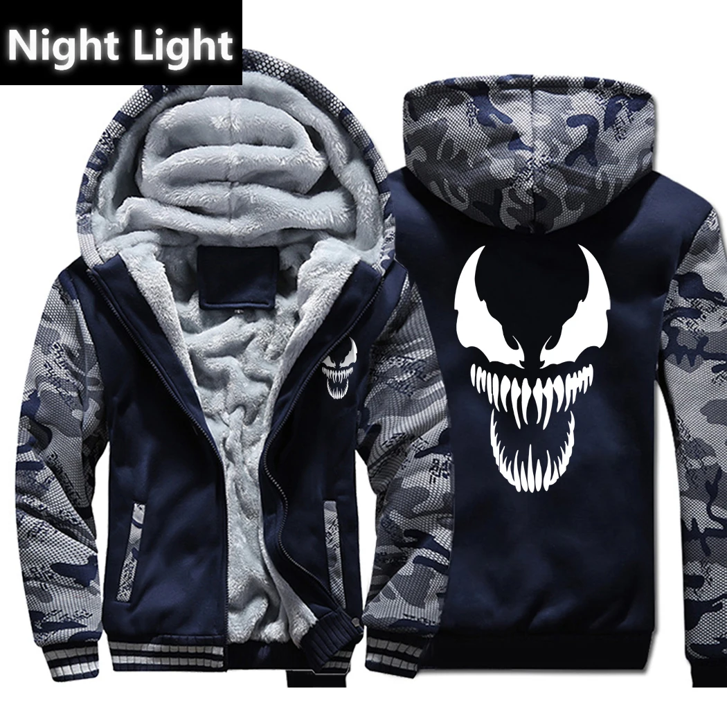 Venom толстовки для мужчин фильм ночь светящиеся толстовки с капюшоном Harajuku пальто Зимняя Толстая флисовая куртка Прохладный фосфоресцирующий уличная одежда - Цвет: Dark blue