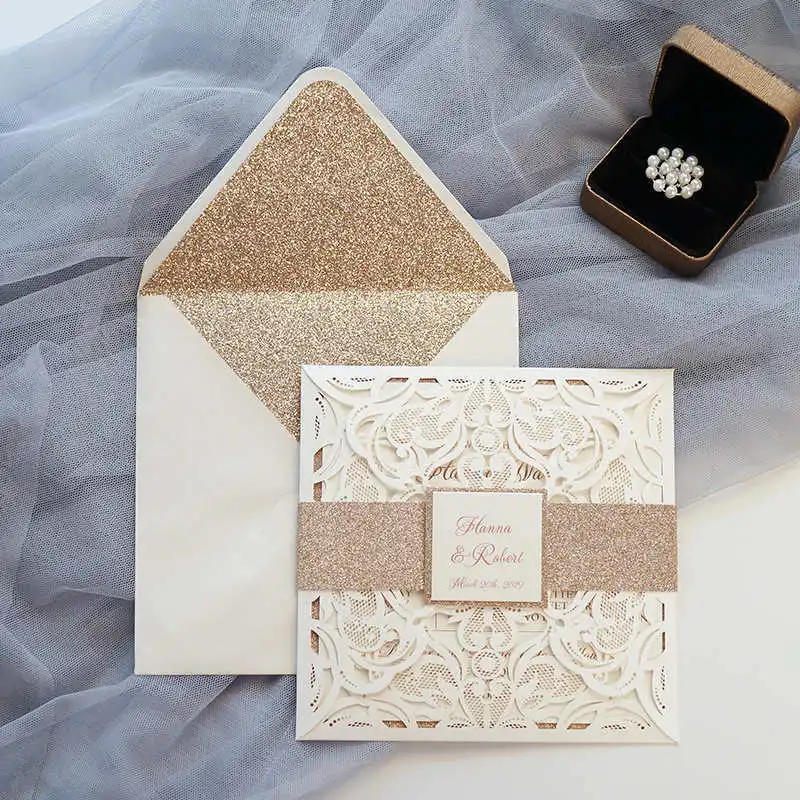

Wedding Invitation Card High-end Suit laser Cutout Private Custom Ivory White Multi-color Flash Envelope & Belt