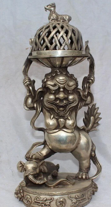 

14" Chinese Silver Foo Dog Lion Elephant Sheep Goat incense burner Censer Statue R0709 Discount 35%