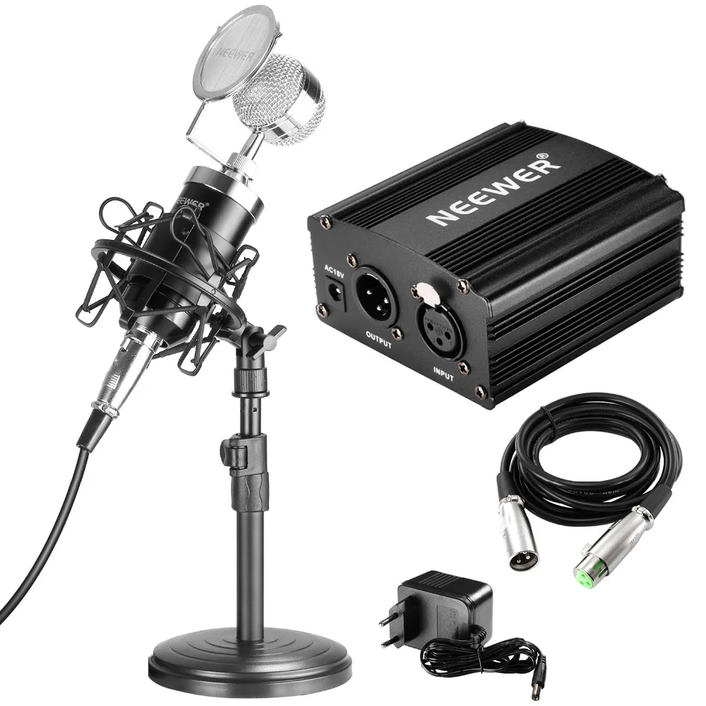 

Neewer NW-1500 Microphone Kit Microphone with Iron Desk Stand Shock Mount and Pop Filter 48V Phantom Power Supply with Adapter