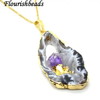 

Freeform Geode Drusy Stone Slice with Purple Nugget Beads Pendant Chains Necklace Fashion Party Jewelry