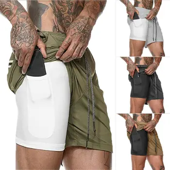 

2019 Mens 2 in 1 Fitness Running Shorts Camouflage Quick Drying Training Bodybuilding Shorts Workout Jogging Fitness Gym Shorts