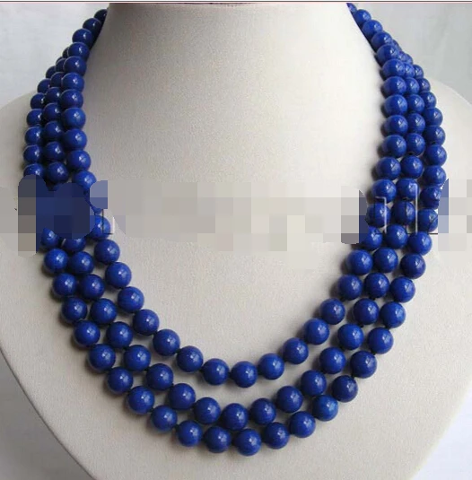 

huij 002127 3rows Natural Blue Round Lapis Lazuli Necklace