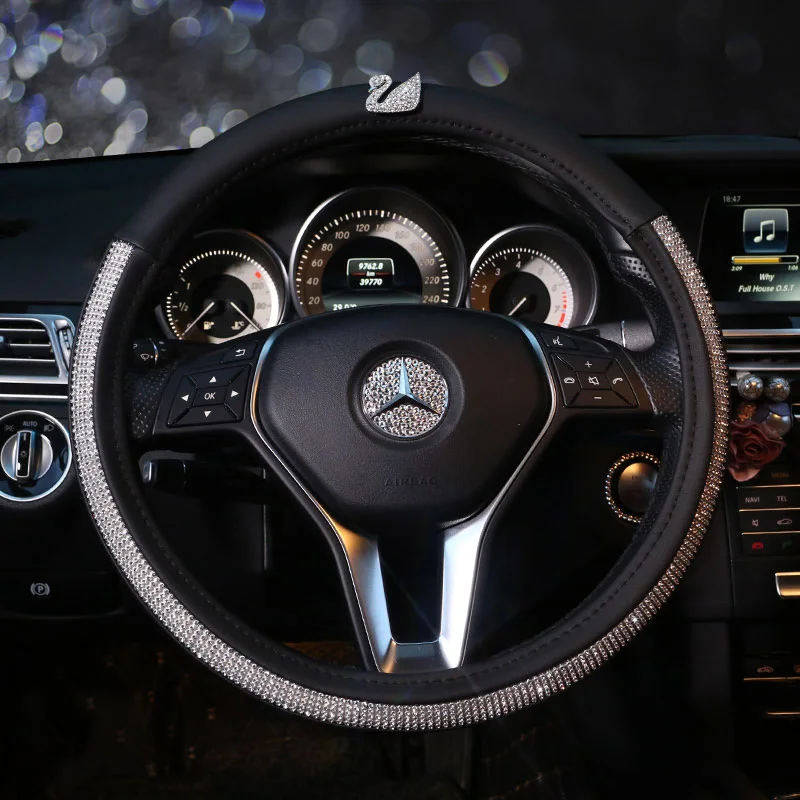 Swan Series Crystal Rhinestone font b Car b font Steering Wheel Cover Universal Size Dimond Steering