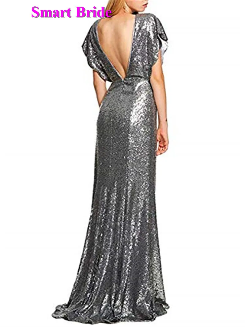 Mermaid Sequined Evening Dresses Long O-Neck Backless Cap Sleeve Formal Party Gown for Women 2019 Floor Length EDress 6