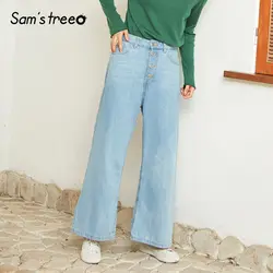 Samstree простые женские джинсы хлопок кнопка широкие брюки Полная длина женские свободные синие джинсы повседневные женские нижние