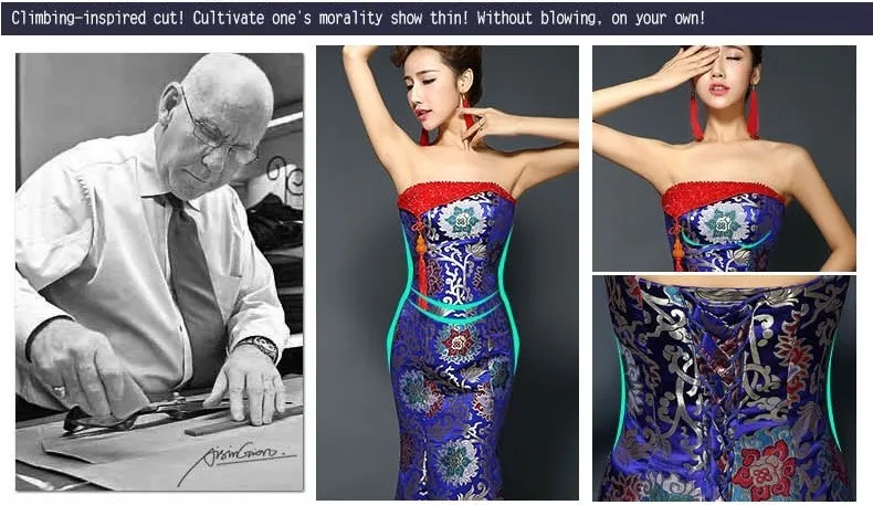 Tube top trailing royal blue fishtail cheongsam wedding dresses brocade long traditional chinese cheongsam wedding dresses (13)