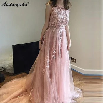 

Wonderful Dust Blush Appliques 2019 Tulle Evening Dress Sweep Train A Line Floor Length Long Elegant Prom Dresses Custom Made