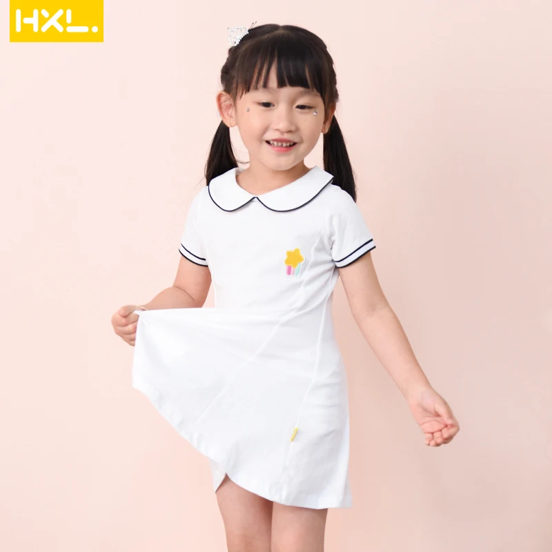 

2019 Summer New Girls Peter-Pan Collar Dresses A-Line 100%Cotton Preppy Style Kids Knee Length Dress