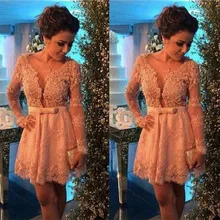 Freies Verschiffen Rosa Spitze Appliques Kurze Heimkehr Kleider Mode Kurzes Kleid Für Abschlussball Langarm Perlen Perlen Cocktailkleid