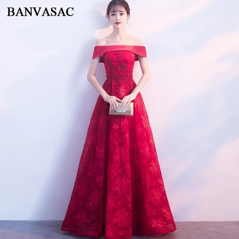 

BANVASAC 2018 Boat Neck Short Sleeve Crystal A Line Long Evening Dresses Party Lace Appliques Backless Prom Gowns