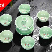Чайный набор кунг-фу включает 1 горшок 6 чашек, Gai wan celadon fish чайный набор керамический чайник, рыба в чайная чашка в китайском стиле подарки для друга