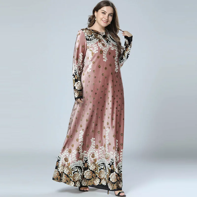 New Winter Velvet Maxi Long Dresses Elegant Gold Stamping Floral Printing Muslim Dress BLUE PINK GREEN M - 4XL