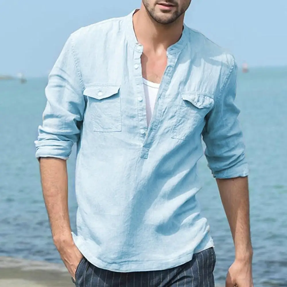 الربيع الخريف موديس الرجال عارضة بلوزة الرجال فضفاض القطن الكتان جيب الصلبة طويلة الأكمام الرجعية قمصان قمم بلوزة قميص كتان