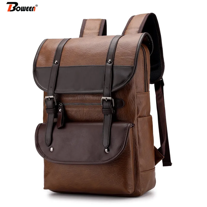 

Vintage PU Leather Backpacks Men bag solid Large Waterproof Daypacks Retro back pack male Bagpack 2019 New School Bags Rucksack