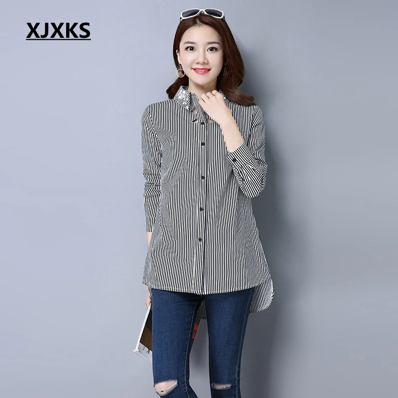 

XJXKS 2018 Spring Autumn Women Long Sleeve Striped Blouse Cotton Loose Tunic Shirt Turn-down Collar Women Tops Beading Shirts