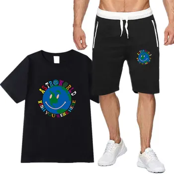 

TRAVIS SCOTT ASTROWORLD T shirt Sets Fashion tracksuit men t shirt And Shorts men camiseta Short sleeve Knee Length Mens Shorts