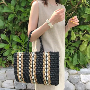 

Handmade Stripe Design Beach Bag For Women Large Capacity Straw Weave Handbags Ladies Tote Straw Bag Shopping Bag Feminina Bolsa