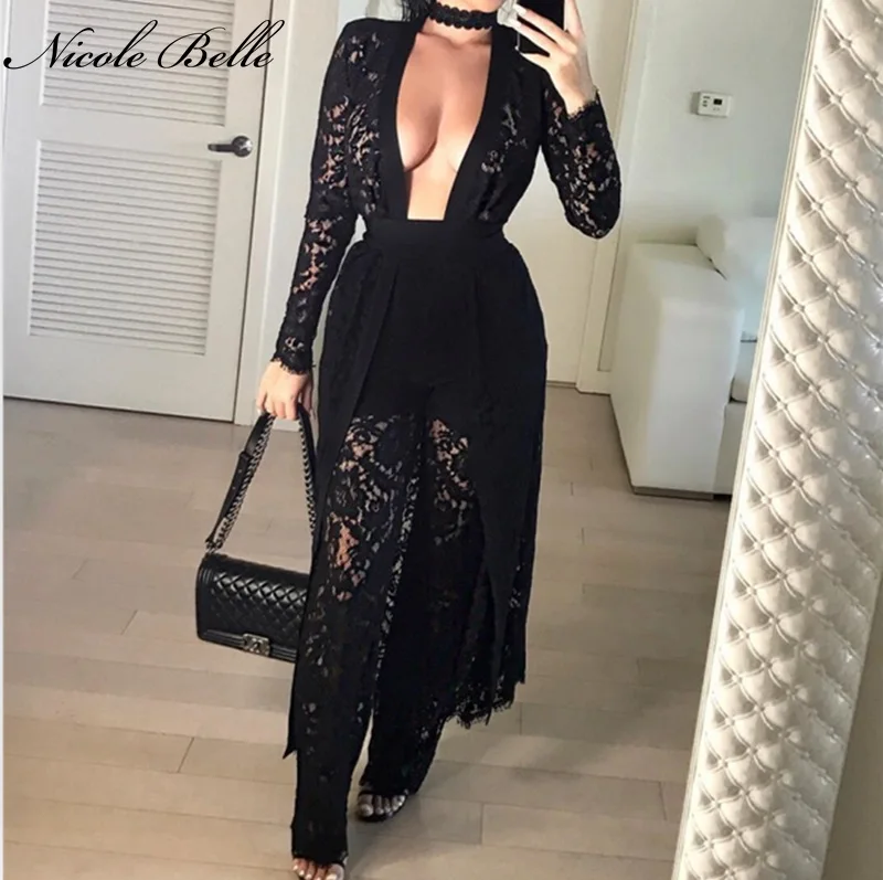 

2019 New Women Fashion Two-piece Set Bodycon Black Lace Long Sleeve Jacket And Sexy Pants Celebrity Runway Lace Jacket