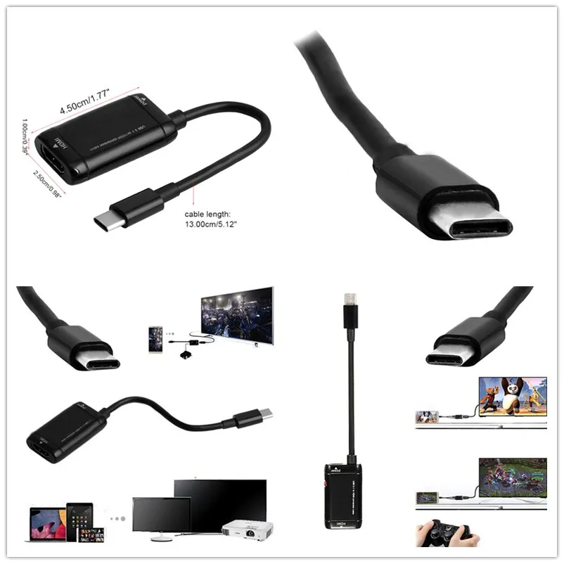 

1pc 4.5*2.5*1.0cm USB-C Type C to HDMI Adapter USB 3.1 Cable For MHL Android Phone Tablet Black