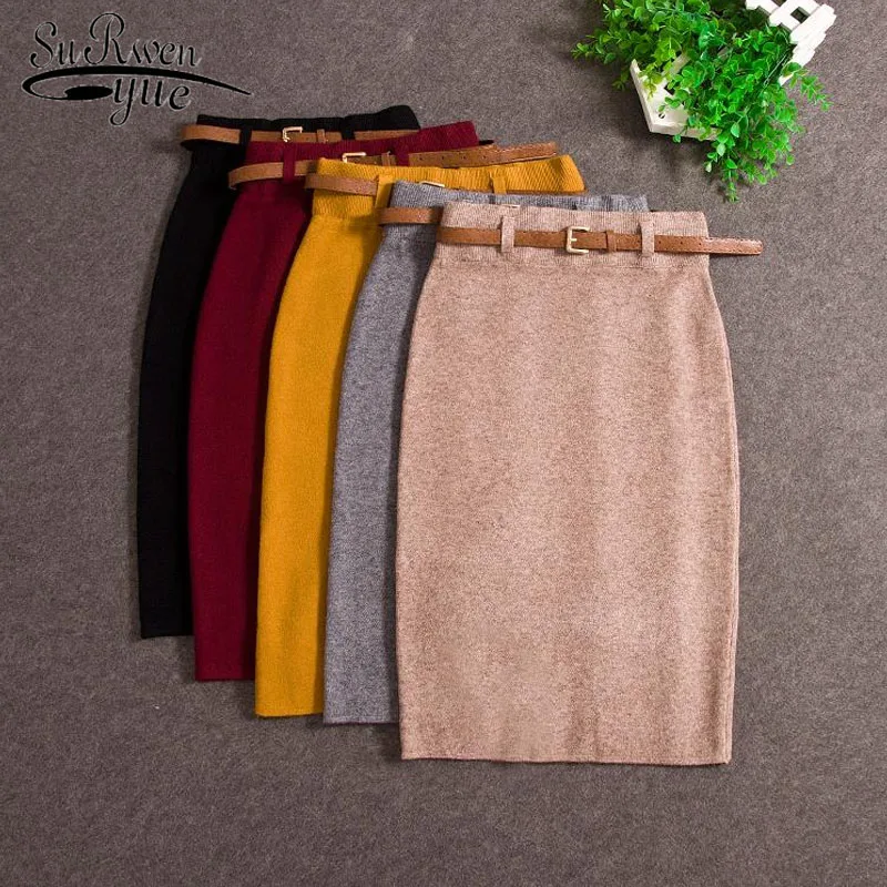

2019 Women Midi Skirts Knitting Solid Female Pencil Skirt High Waist with Sashes sexy half-length feminine women skirts 2121 50