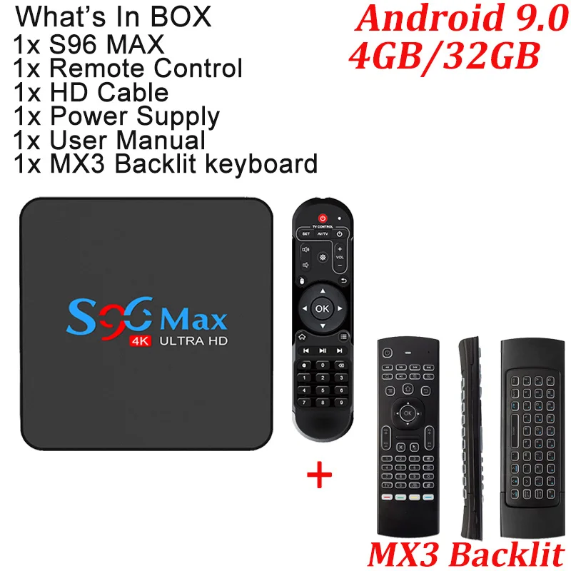S96 MAX Android 9,0 ТВ приставка 4 Гб ОЗУ 32 Гб Смарт медиаплеер RK3318 Четырехъядерный 4k HDR телеприставка USB 3,0 BT 5G wifi PK X96 - Цвет: TV BOX with MX3